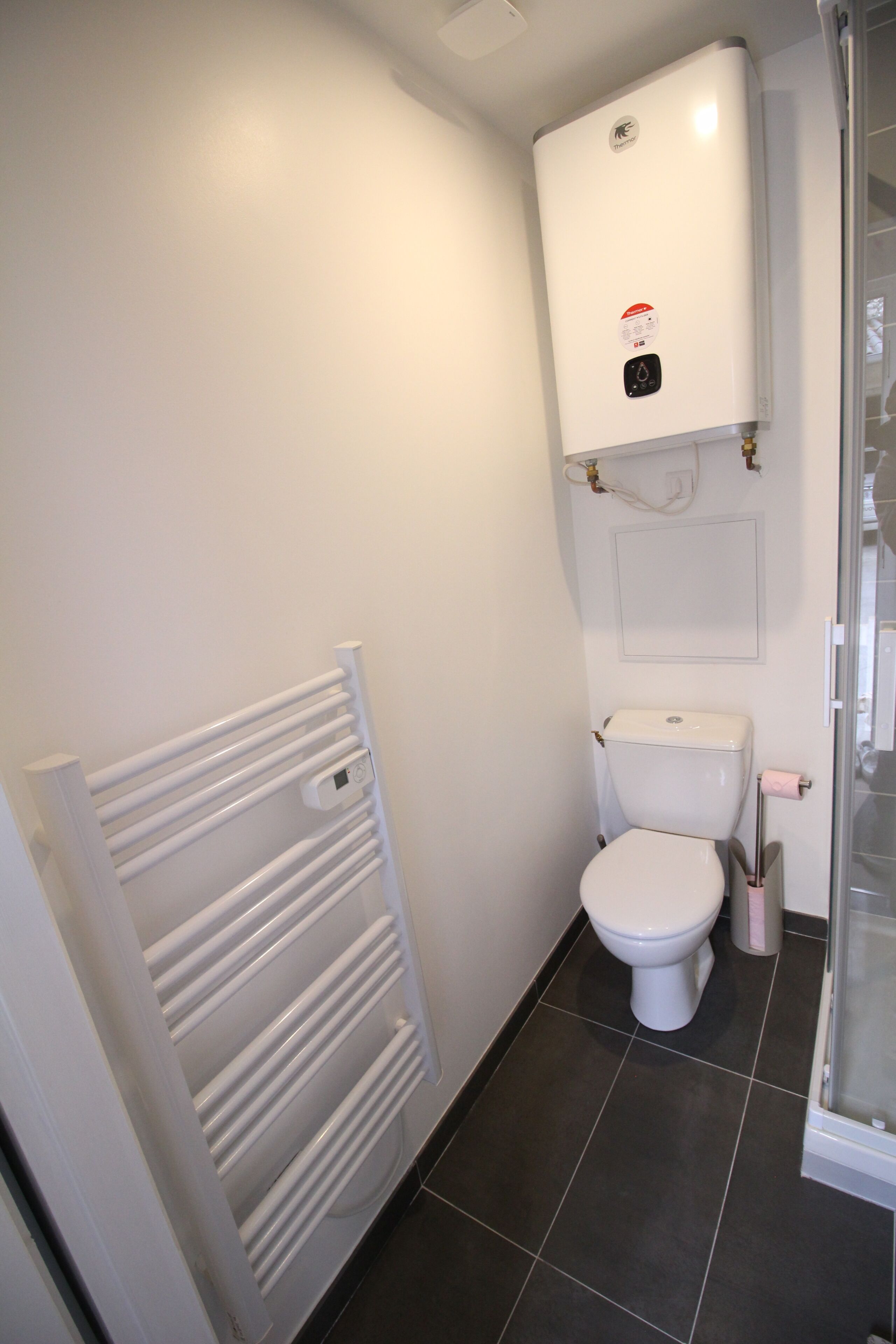 Un baño con inodoro y radiador blancos, y cabina de ducha con paredes de vidrio.