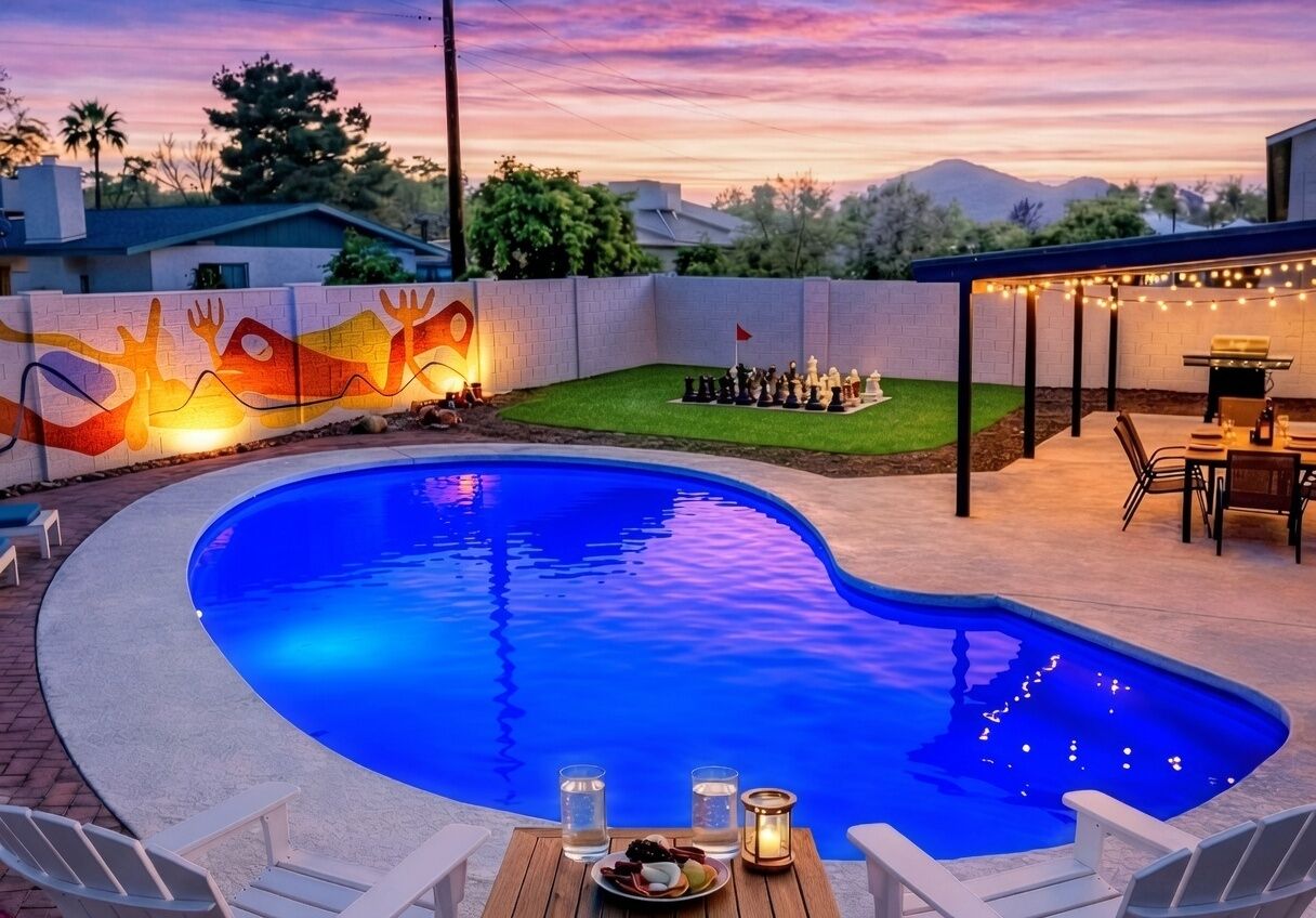 A swimming pool with a sunset view, outdoor seating, and a chessboard.