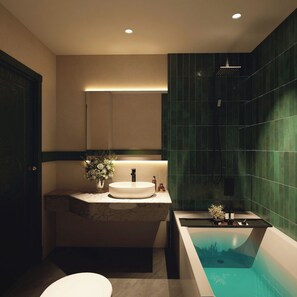 Quarto casal premier | Banheiro | Produtos de toalete grátis, toalhas de banho, sabonete, shampoo