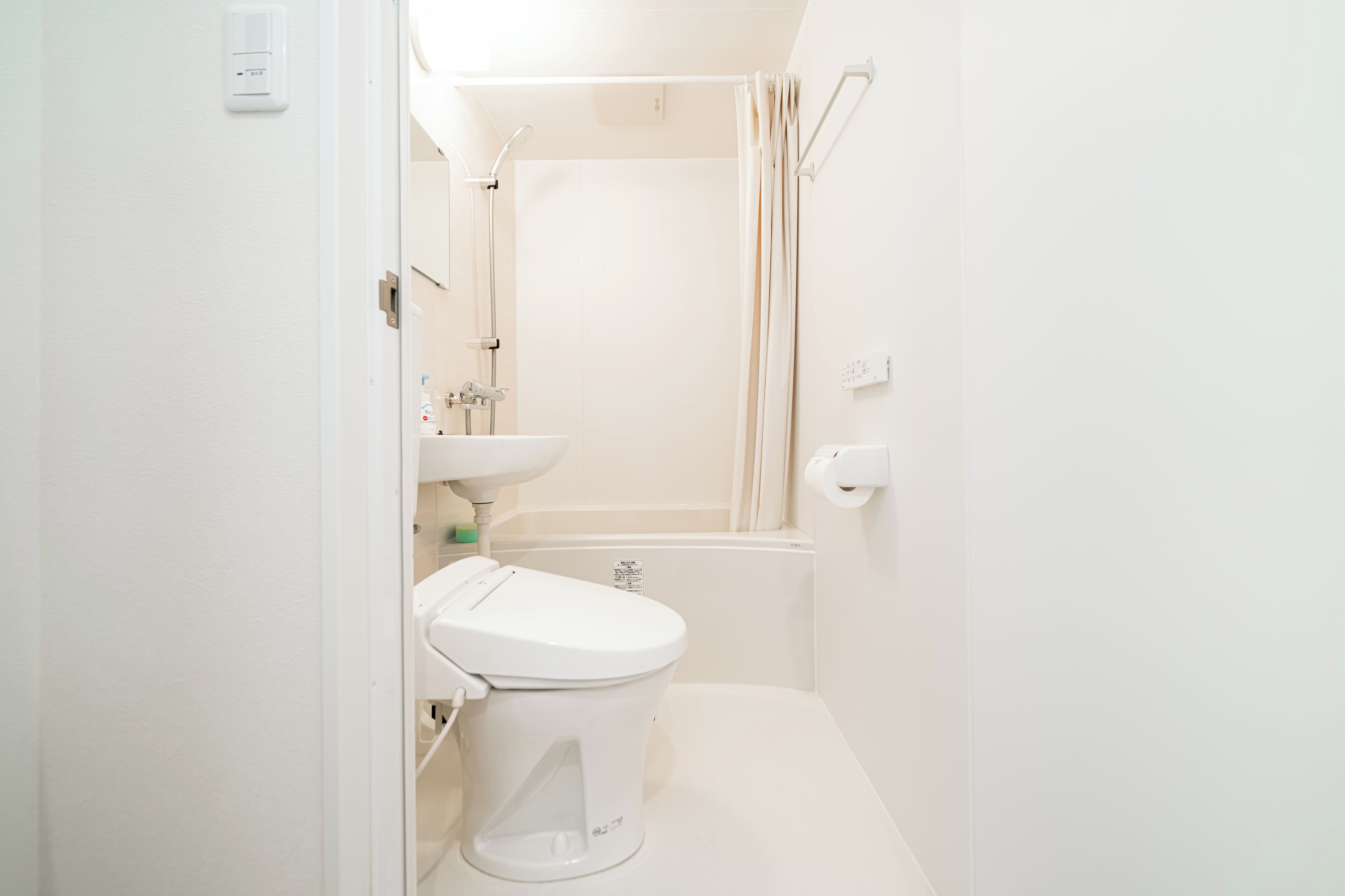 Hair dryer, bidet, towels, soap