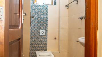 Shower, towels, soap, toilet paper