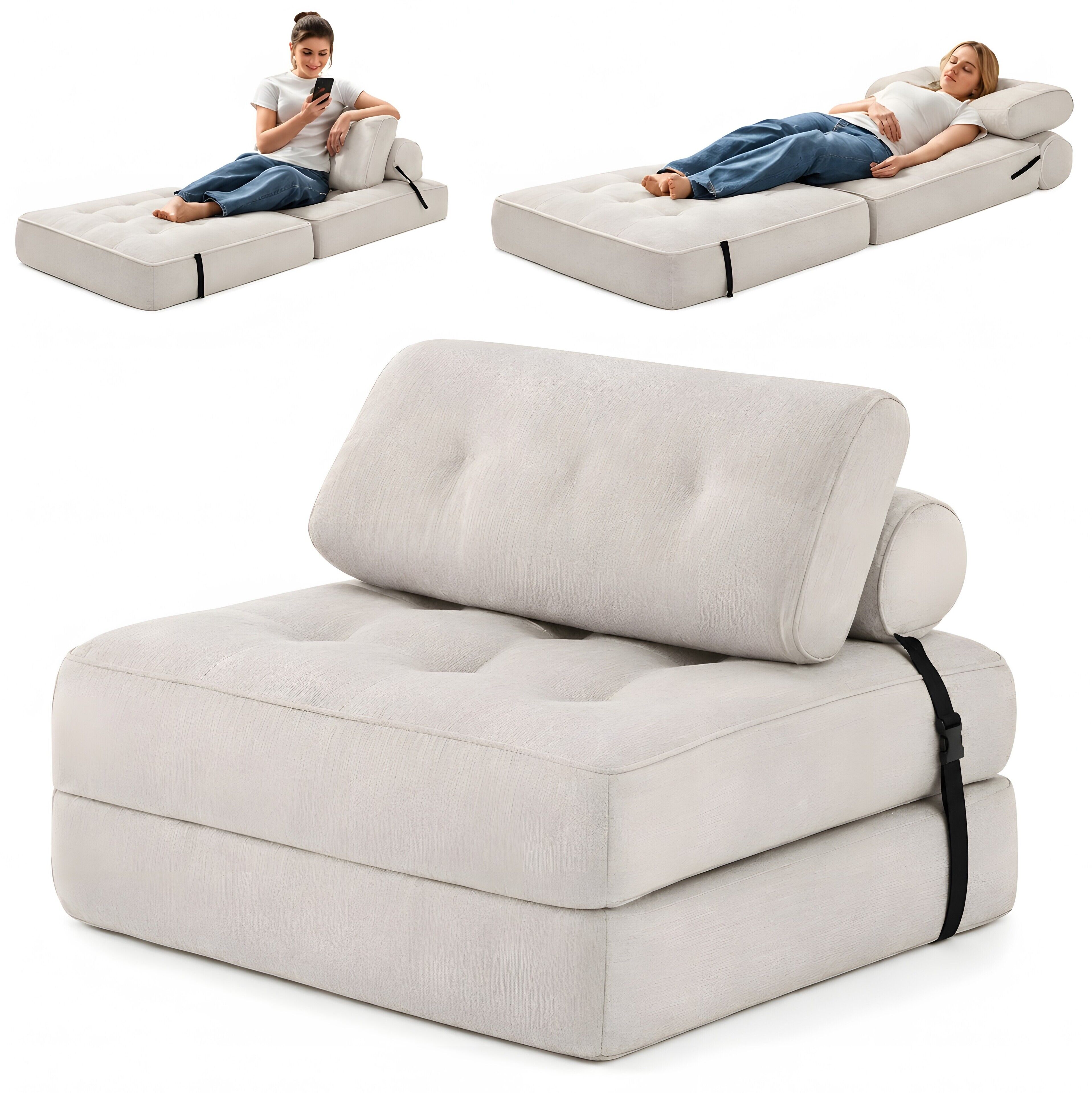 A modular sofa with a black strap, a pillow, and a cushion.