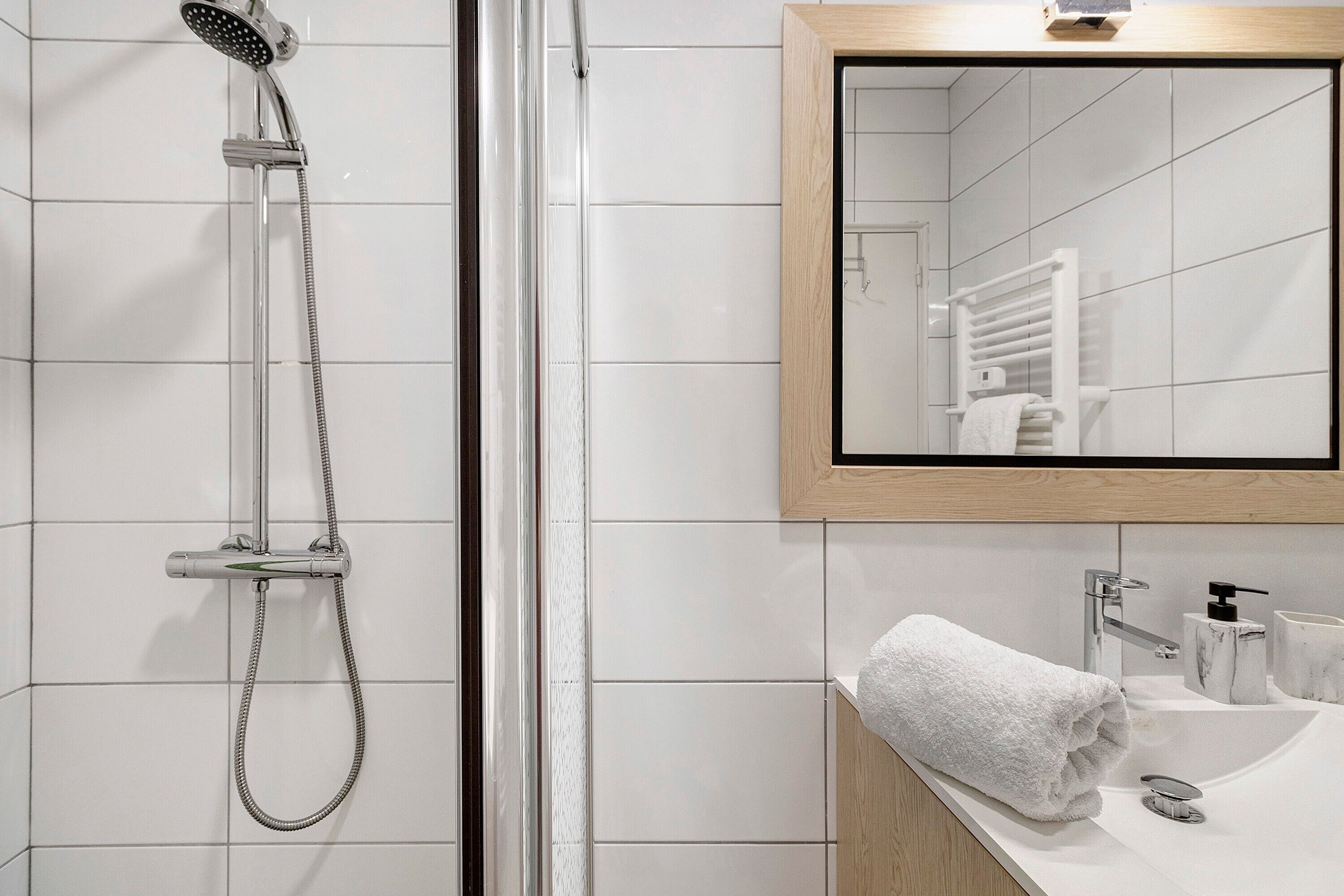 Shower, hair dryer, towels