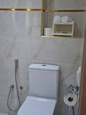Chuveiro, secador de cabelo, toalhas de banho, sabonete