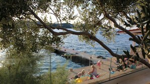 Een uitzicht op het water met een steiger, mensen ontspannen aan de waterkant, en een boom op de voorgrond.
