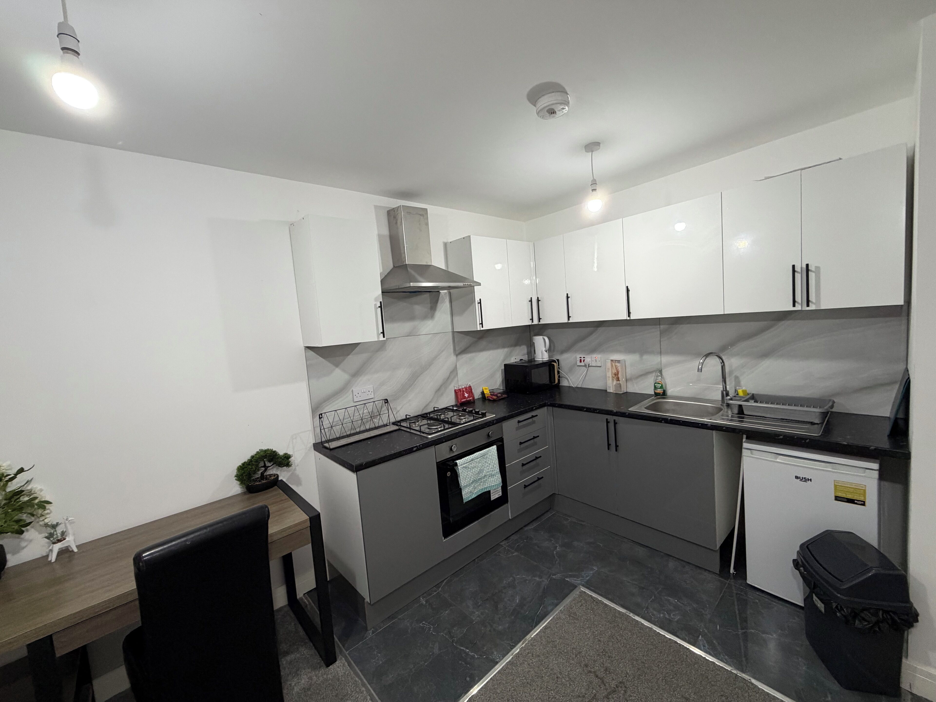 Fridge, microwave, oven, cookware/dishes/utensils