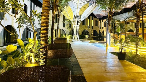 Un patio con una estructura blanca en el centro, palmeras y plantas en macetas.