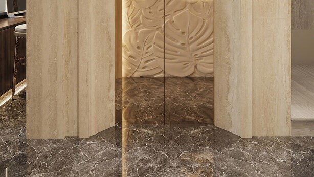 A modern interior with a marble floor, a wall with a leaf pattern, and a door with the text "A - 102". - Sora Hotel Hanoi (Hanoi)