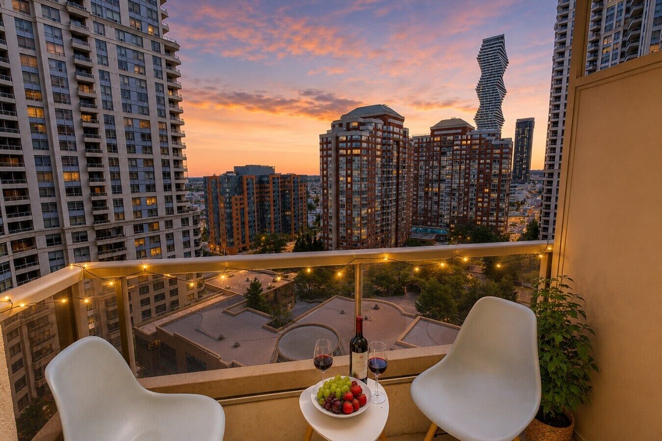 A balcony with a table set for two, overlooking a cityscape with high-rise buildings and a distinctive curved skyscraper.