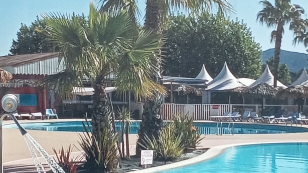 Une piscine bordée de palmiers, avec des chaises longues, et un bâtiment au toit rouge en arrière-plan.