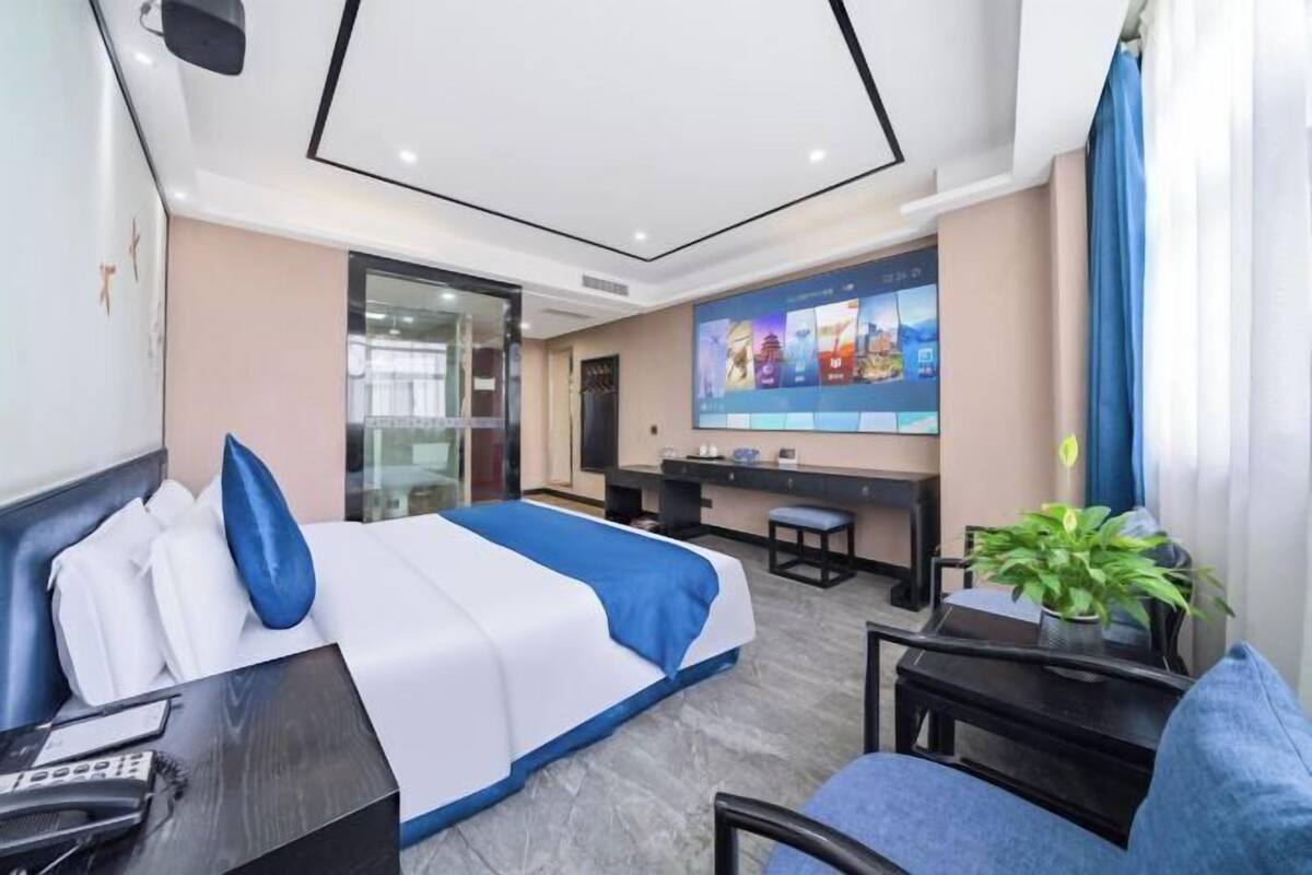 Habitación de hotel con cama, escritorio, silla, televisor y planta.