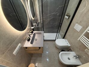 Hair dryer, towels, soap, toilet paper