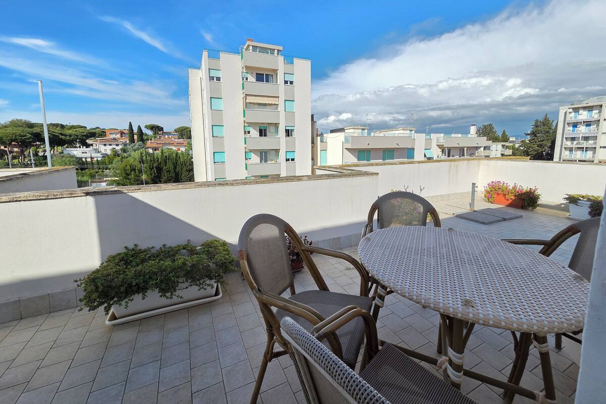Una terraza en la azotea con una mesa y sillas, plantas en macetas y vistas de edificios circundantes.