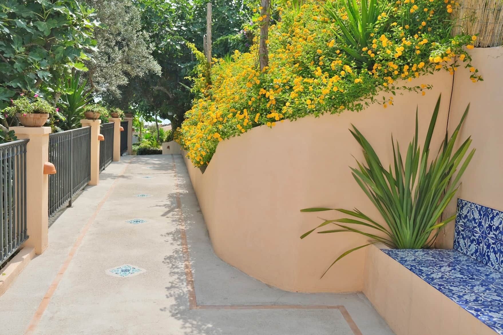 A narrow pathway with potted plants and a wall covered in yellow flowers.