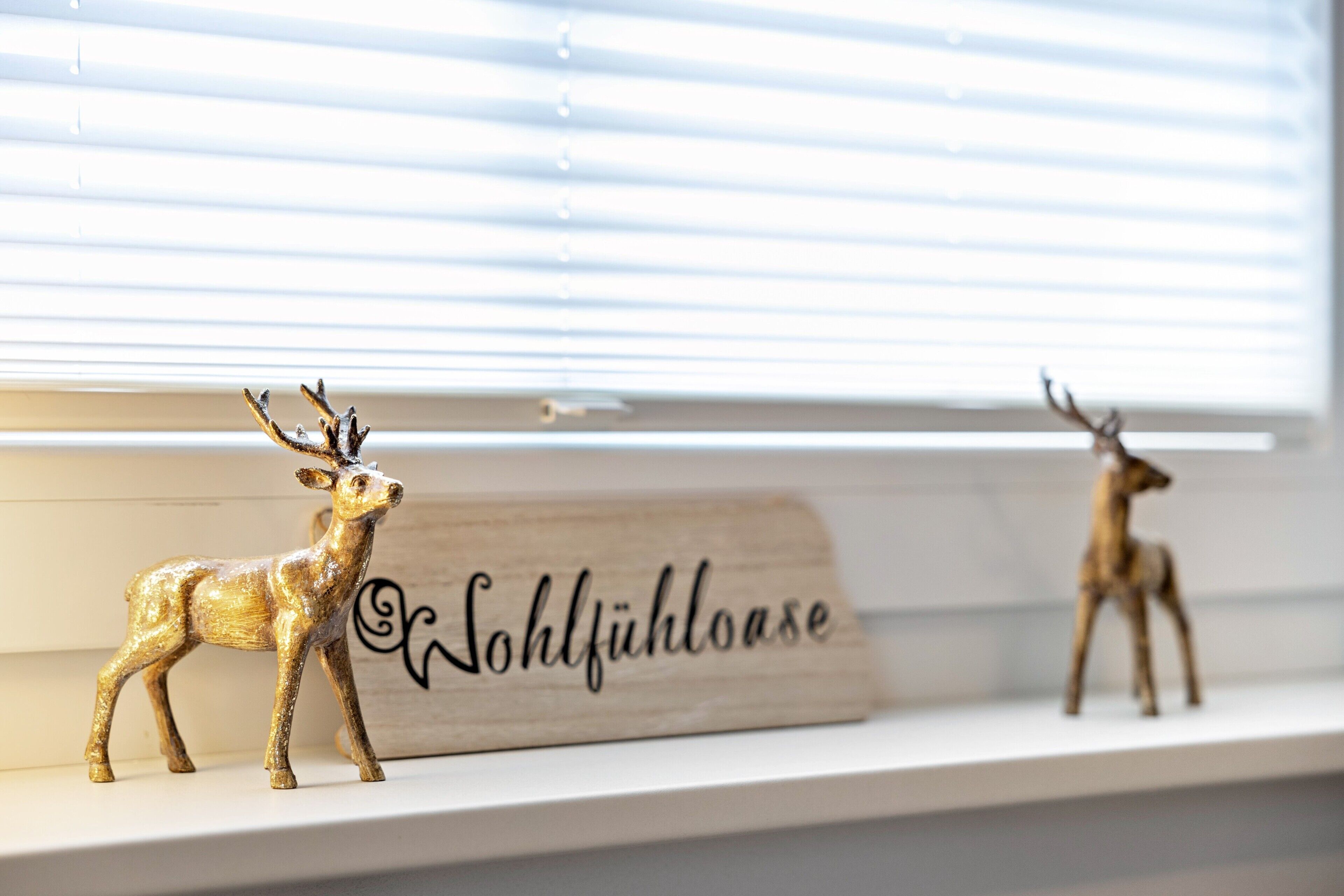 Zwei hölzerne Hirschfiguren auf einem Regal mit einem Schild, auf dem 'Sohlfühloase' steht.