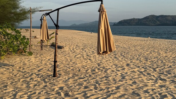 Ein Strand mit einer Holzschaukel und zwei beigen Sonnenschirmen.