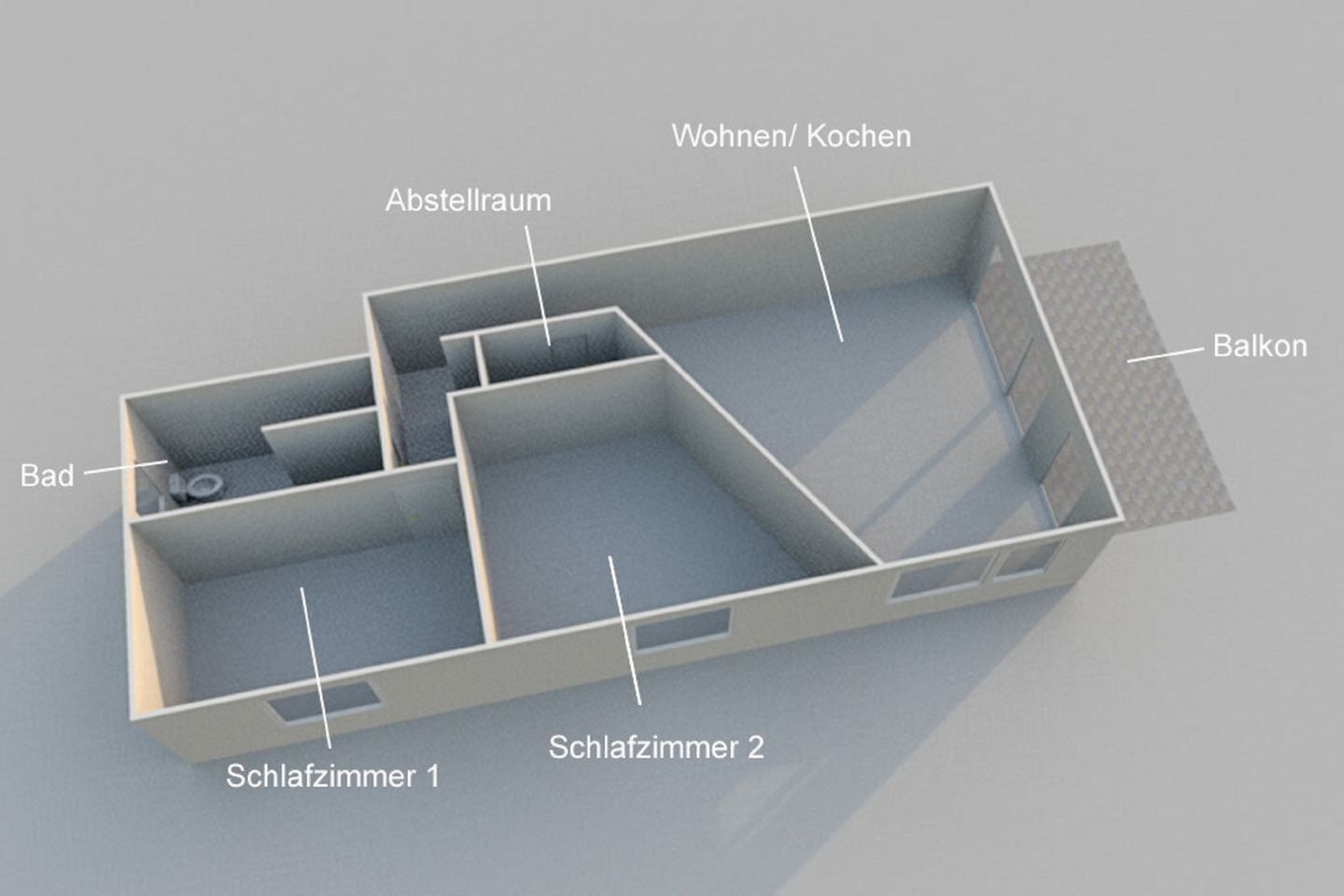 Plano de planta en 3D de un edificio con habitaciones identificadas: Baño, Despensa, Sala de estar/Cocina, Balcón, Dormitorio 1 y Dormitorio 2.