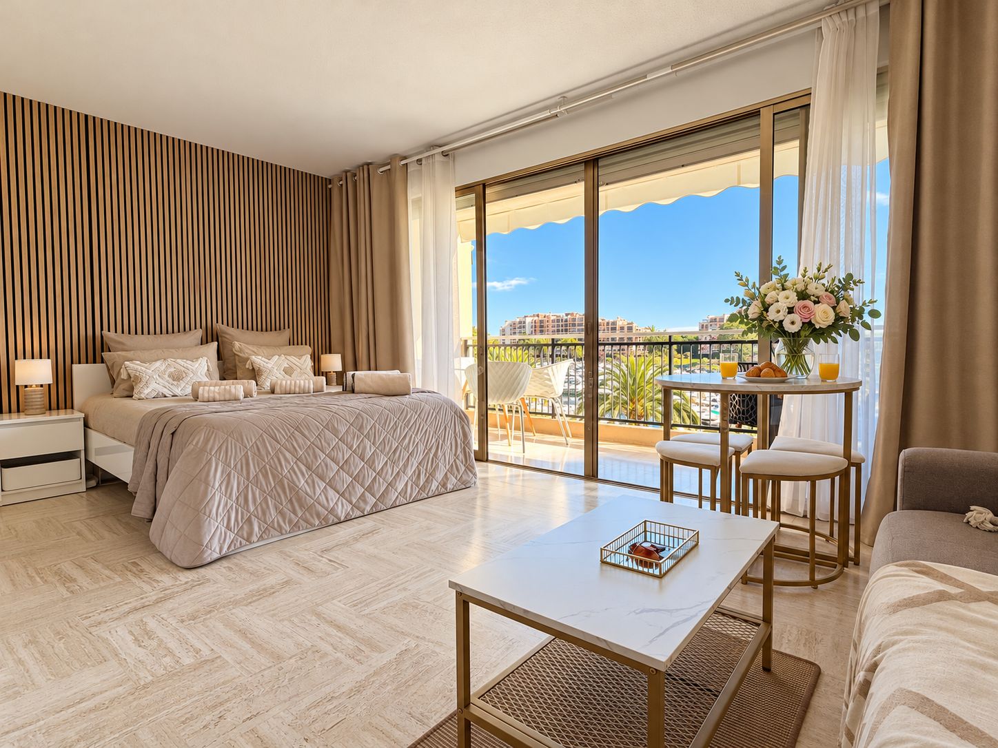 A modern hotel room with a large bed, a sitting area with a table, and a balcony with a view of the city.