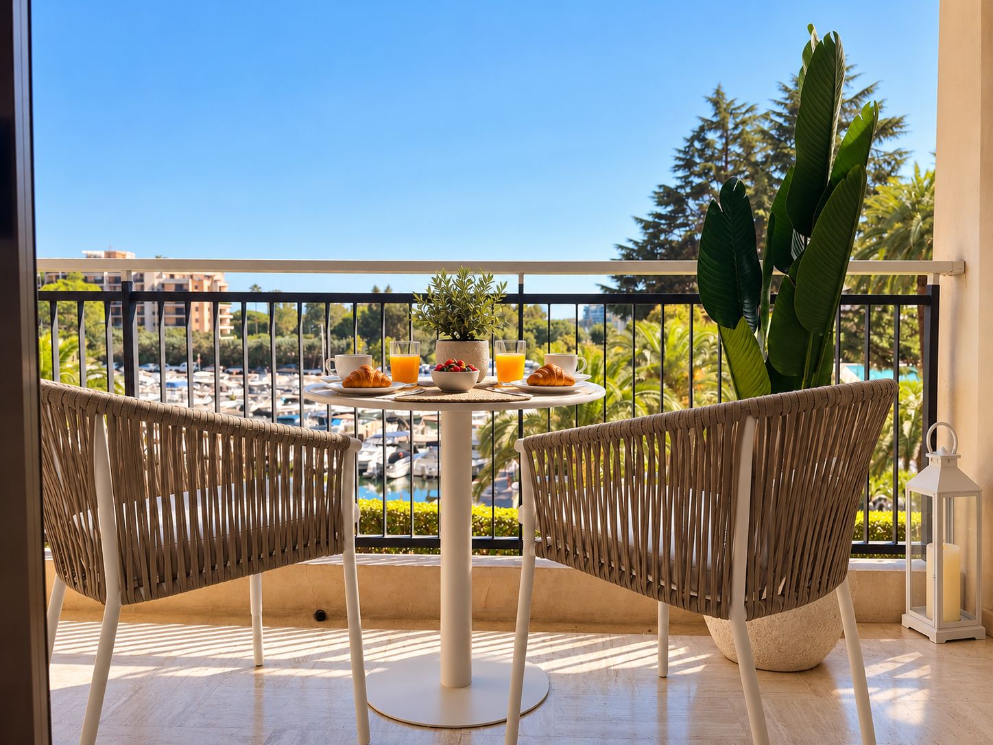 Ein Balkon mit Korbstühlen, einem runden Tisch mit Frühstücksgebäck und Blick auf eine Marina.