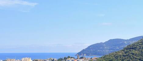A coastal cityscape with modern buildings, a clear sky, and a view of the sea.