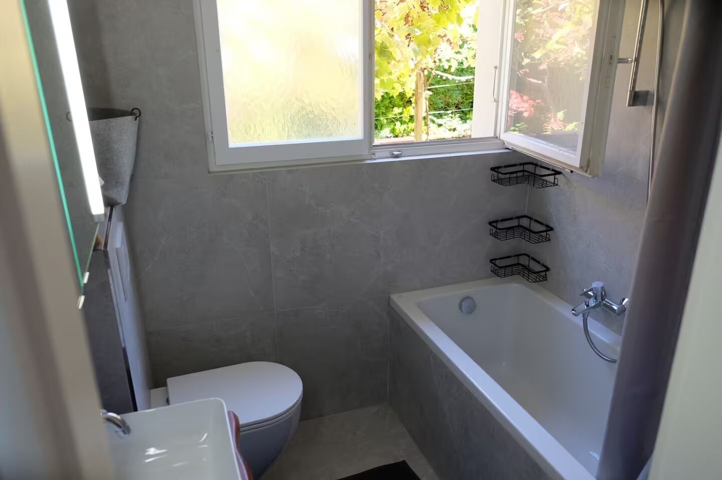Hair dryer, bidet, towels, soap