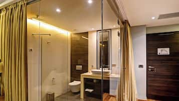 Hair dryer, towels, soap, toilet paper