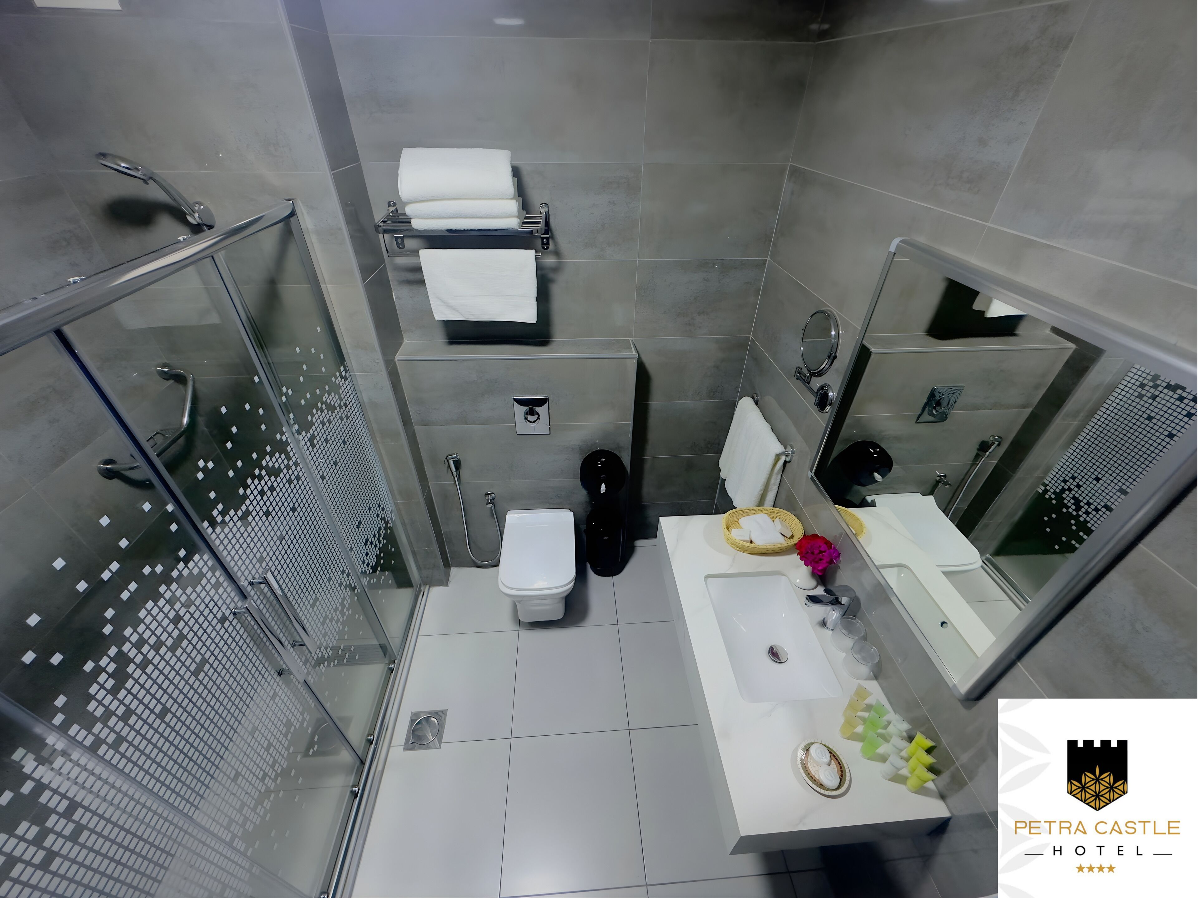 A modern bathroom with a glass shower enclosure, a white sink with a mirror, and a toilet.