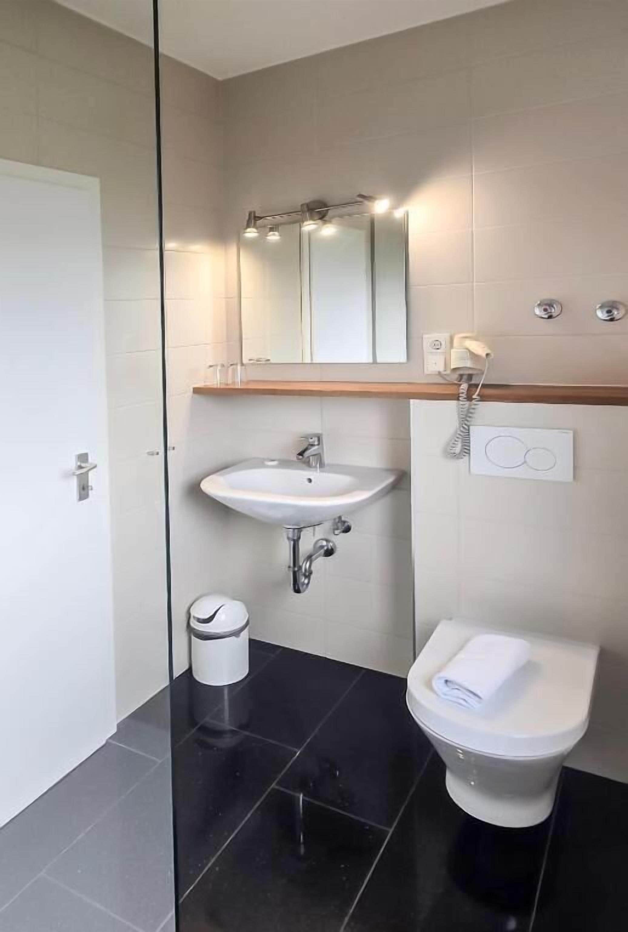 Et moderne badeværelse med en hvid vask, toilet og et spejl over vasken.