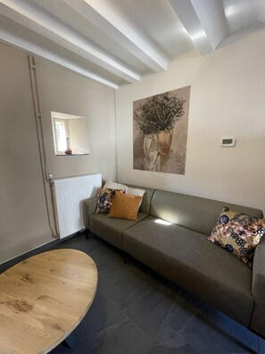 A modern living room with a grey sofa, a wooden coffee table, a radiator, and a wall-mounted thermostat. - 18. 4p Authentic Cosy Cottage (Voerendaal)