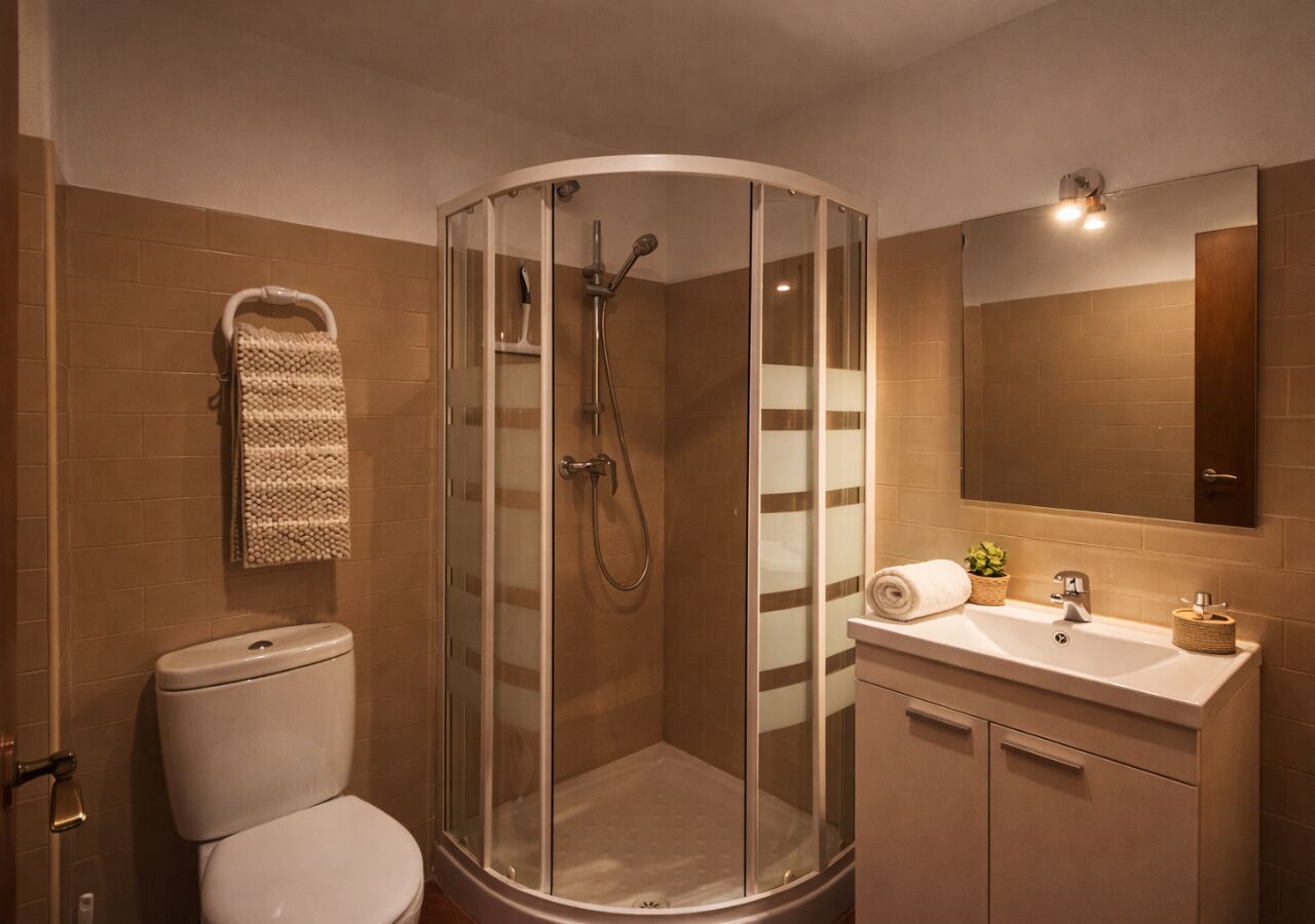 Et badeværelse med bruseniche, toilet, håndvask med spejl og et håndklædetørrestativ.