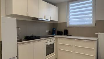 Fridge, oven, stovetop, coffee/tea maker