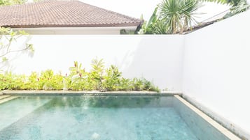 A swimming pool with clear water, surrounded by a white wall and lush greenery.
