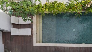 Una piscina con un muelle de madera, una pared blanca y follaje verde.