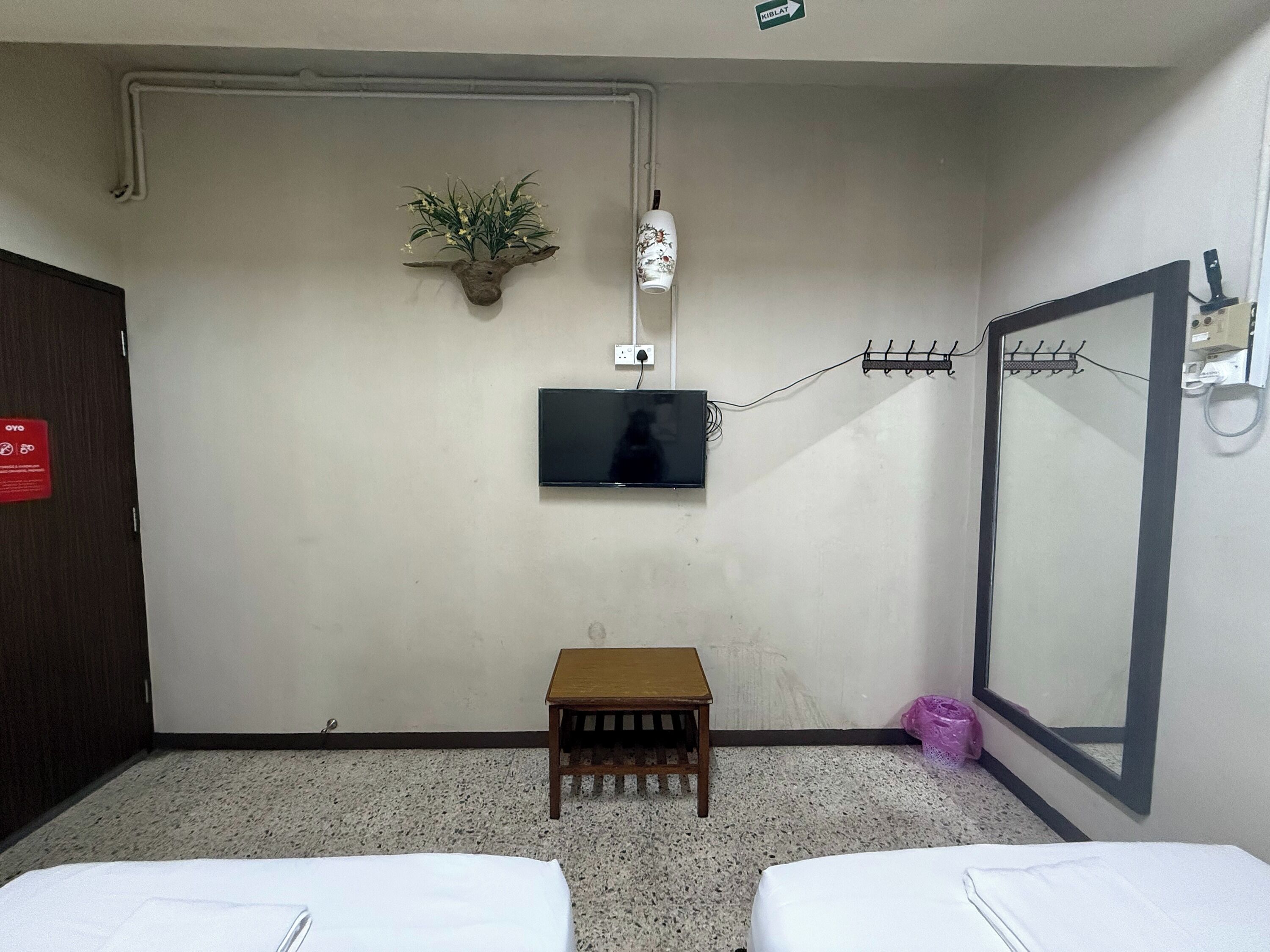 A hotel room with a TV mounted on the wall, a small wooden table, two beds, a mirror, and a potted plant.
