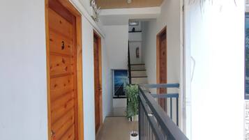 Un pasillo estrecho con puertas de madera, una escalera y una planta en maceta.