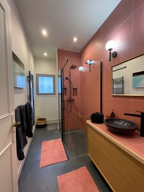 Regadera, secadora de cabello, jabón, papel de baño 
