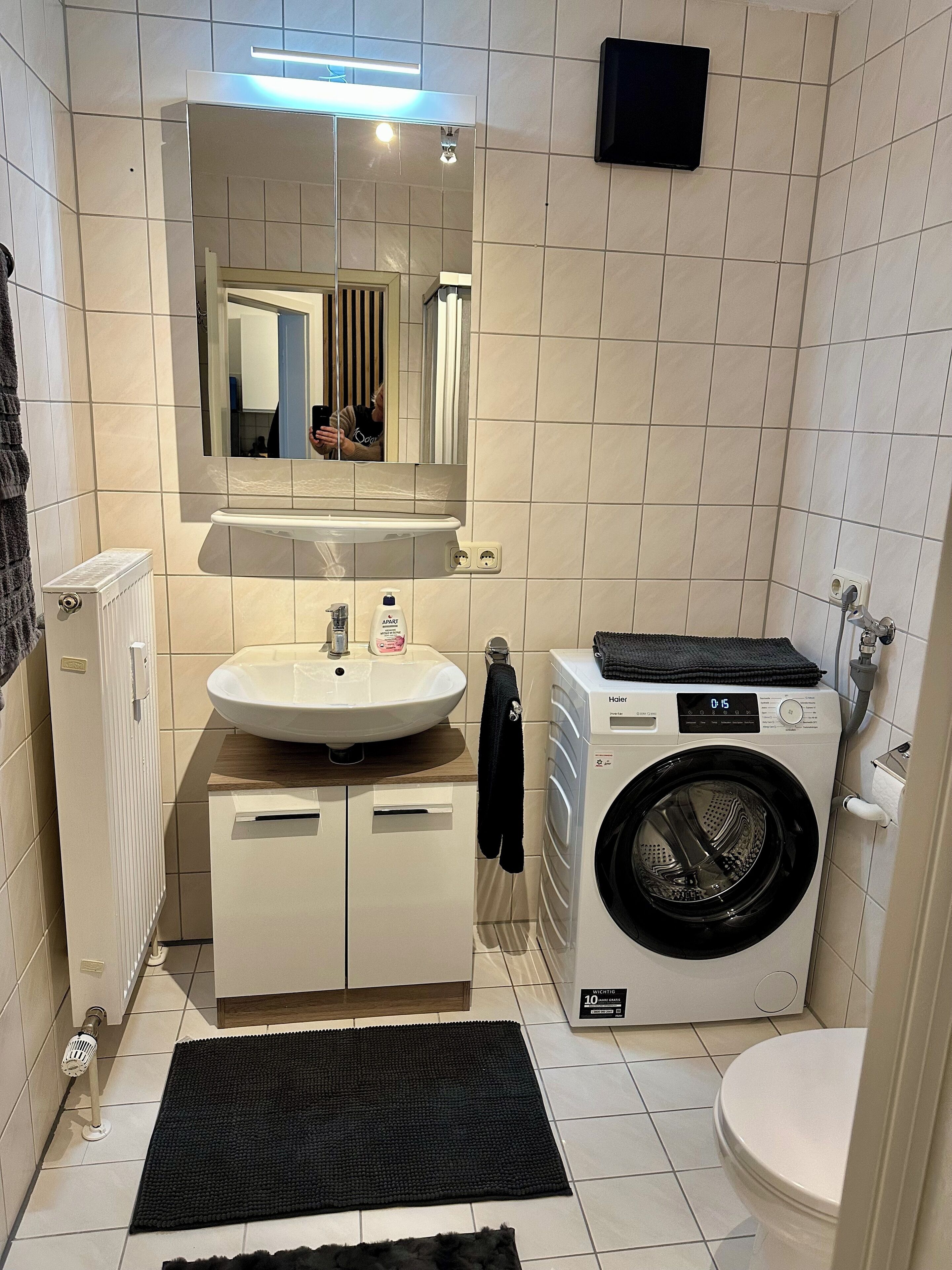 Haartrockner, Handtücher, Seife, Toilettenpapier