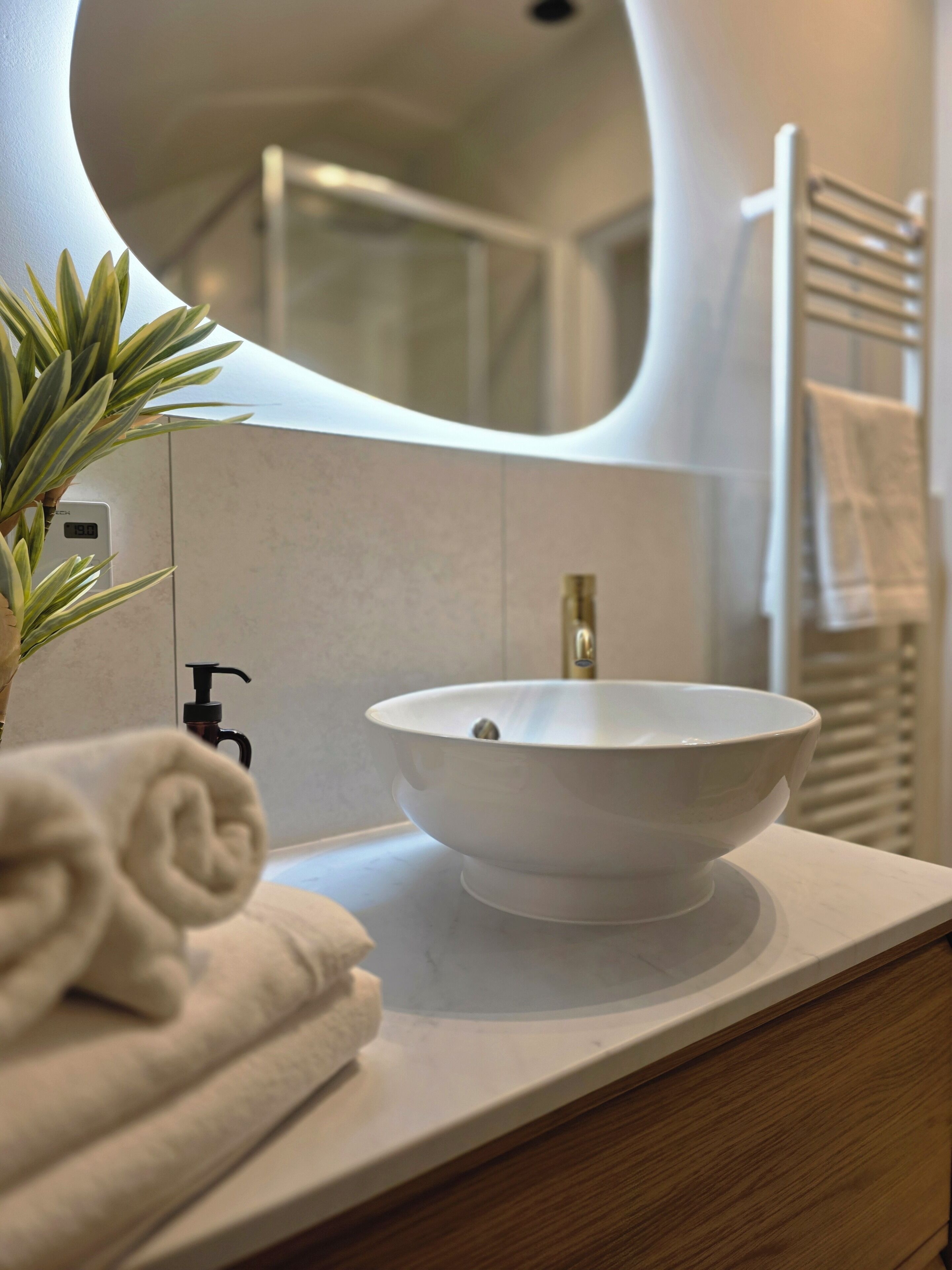 A bathroom with a white sink, a towel, and a plant.