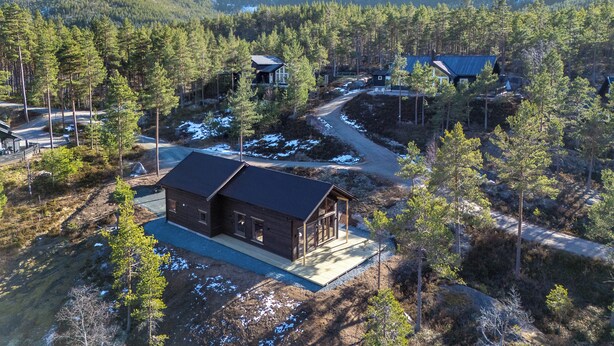 A cabin with a large deck, surrounded by dense forest and snow-capped mountains. - Berre Veit 6p (Kviteseid)