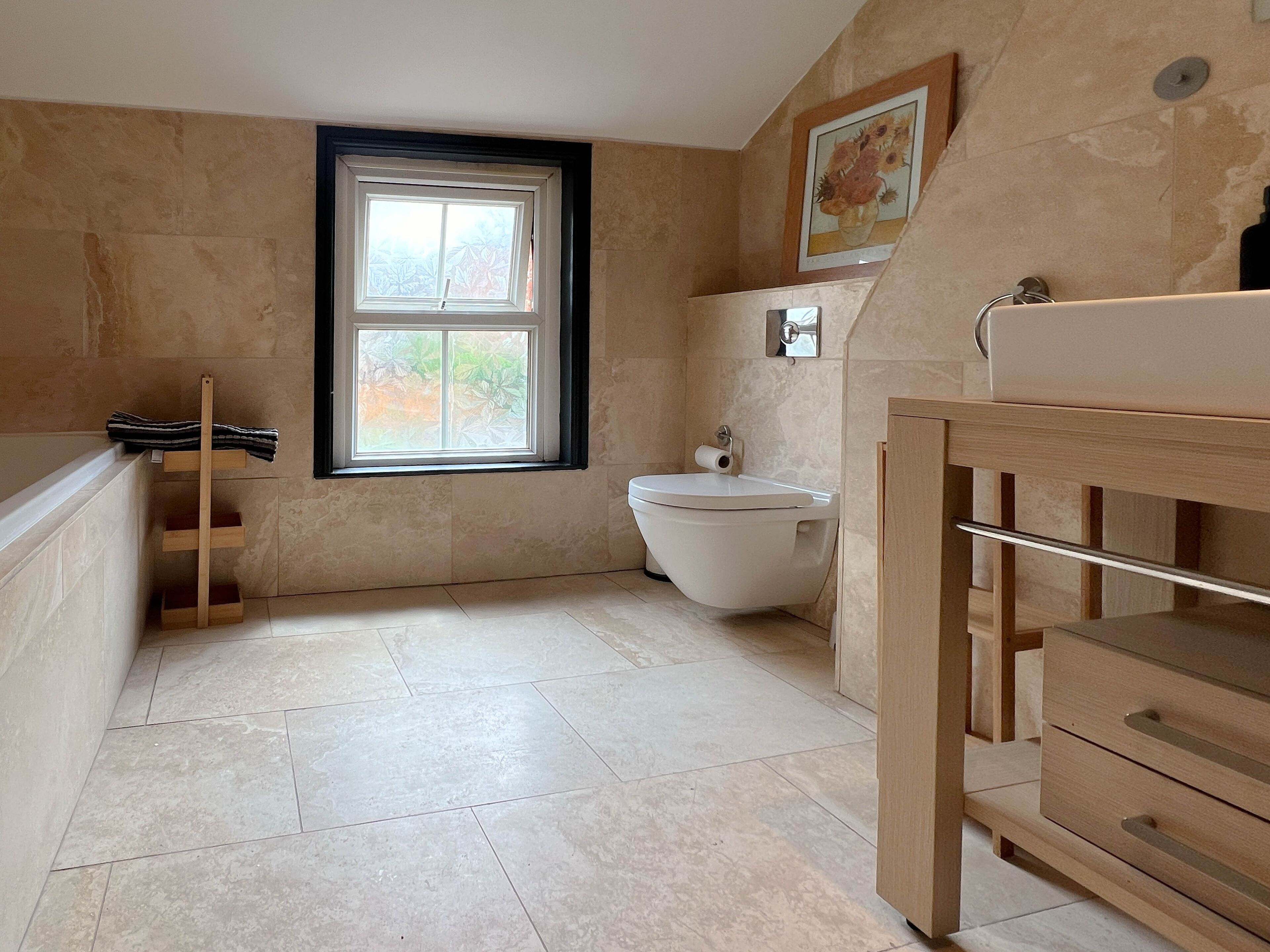 Hair dryer, towels, soap, toilet paper