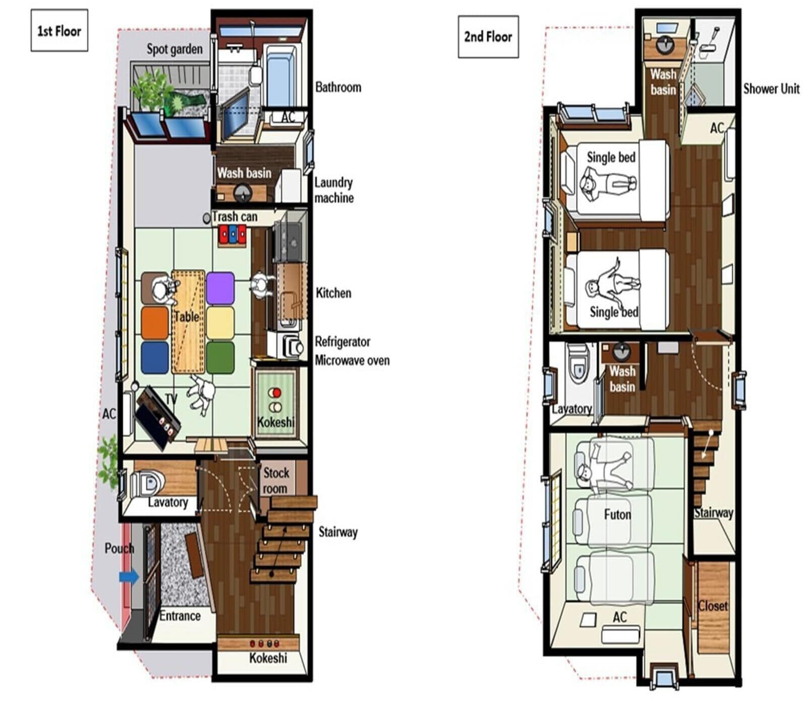 A 1st floor layout with a kitchen, dining area, and a spot garden.