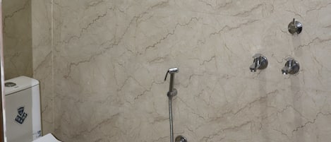 Shower, bidet, towels, soap