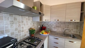 Großer Kühlschrank, Herdplatte, Kochgeschirr/Geschirr/Besteck