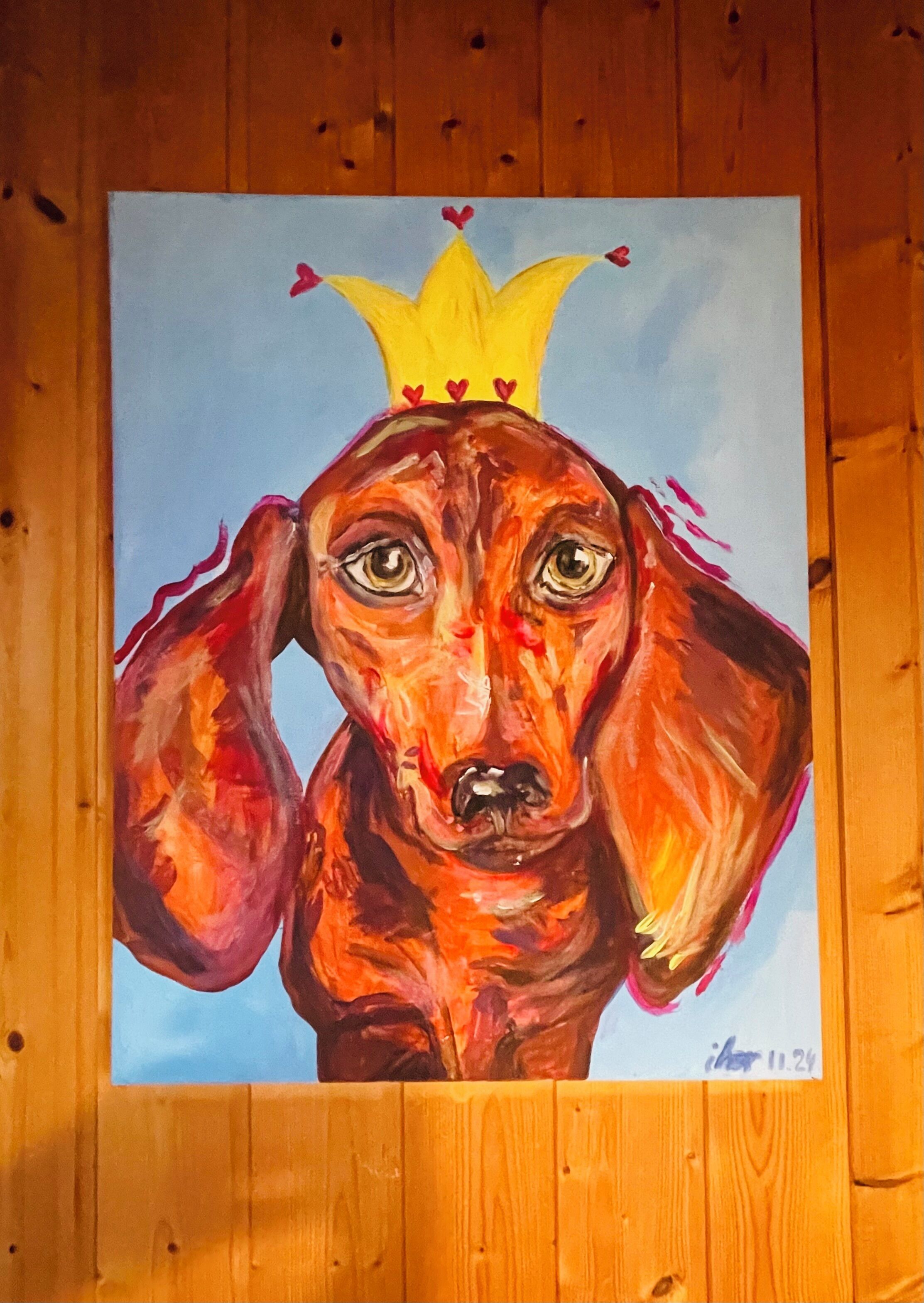 A painting of a dog with a crown on a wooden wall.