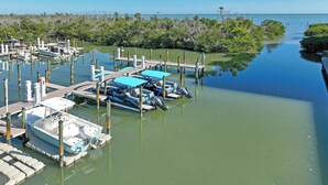 A marina with boats docked, surrounded by mangroves and calm water.