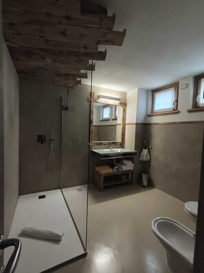 Luxury Quadruple Room, Mountain View | Bathroom | Shower, hair dryer, towels, soap - Hotel Ambrosini (Aprica)