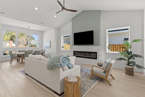 Smart TV, fireplace, books