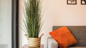 Un salon moderne avec un canapé gris, un coussin orange, un pot de fleurs en fibres naturelles et deux œuvres d’art encadrées accrochées au mur.