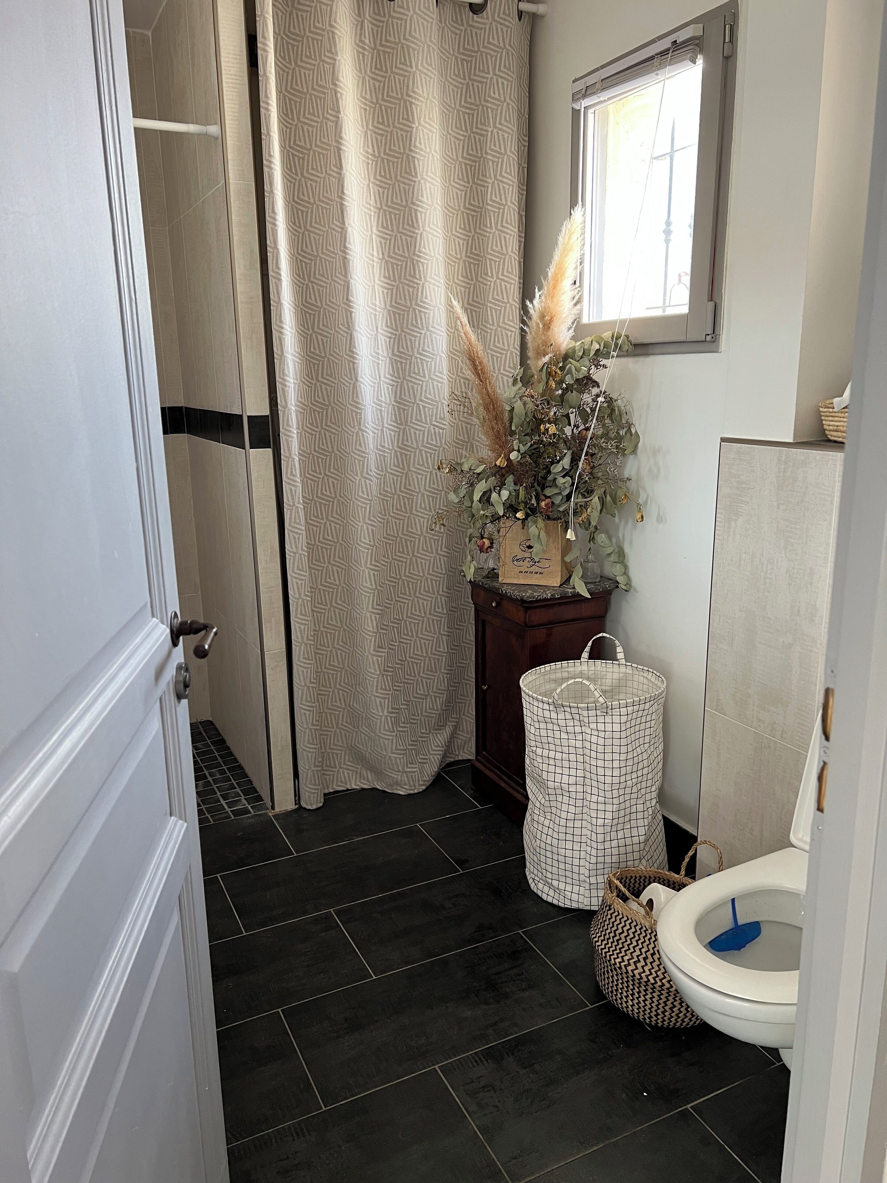 Shower, hair dryer, towels, toilet paper