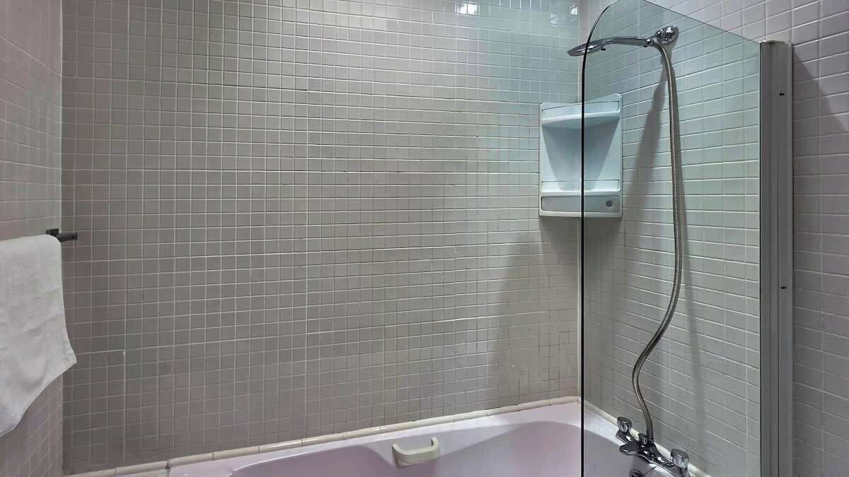 Shower, hair dryer, towels, shampoo